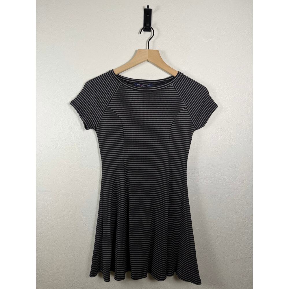 One Clothing Black Gray Striped Fit Flare Skater Dress Size Large